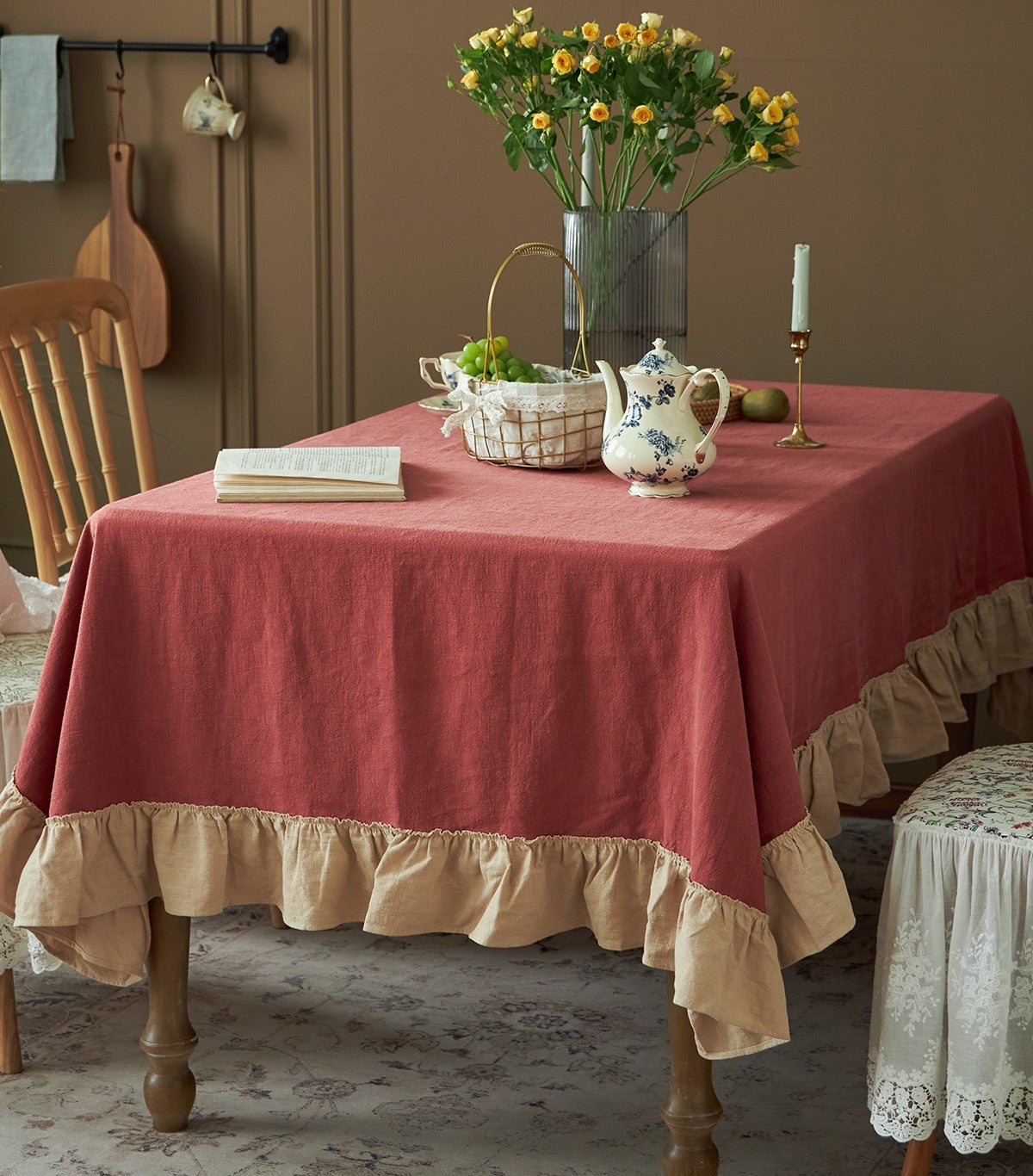 Square Tablecloth for Round Table, Red Modern Table Cloth, Ramie Tablecloth for Home Decoration, Extra Large Rectangle Tablecloth for Dining Room Table-HomePaintingDecor