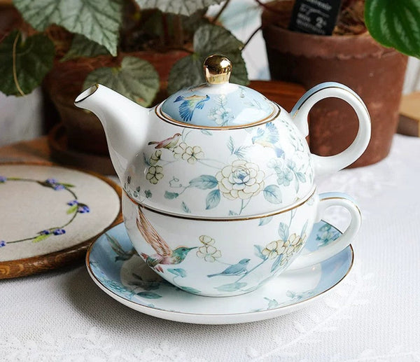 Stackable Teapot and Cup Set, Ceramic Tea Pot with Integrated Cup, Porcelain Teapot with Matching Cup and Saucer in Gift Box, Mother-and-Baby Teapot with Matching Saucer-HomePaintingDecor