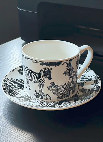 Royal Ceramic Cups, Elegant Ceramic Coffee Cups, 6.8 oz Tea Cup and Saucer in Gift Box, Zebra Jungle Porcelain Tea Cup Saucer Set-HomePaintingDecor
