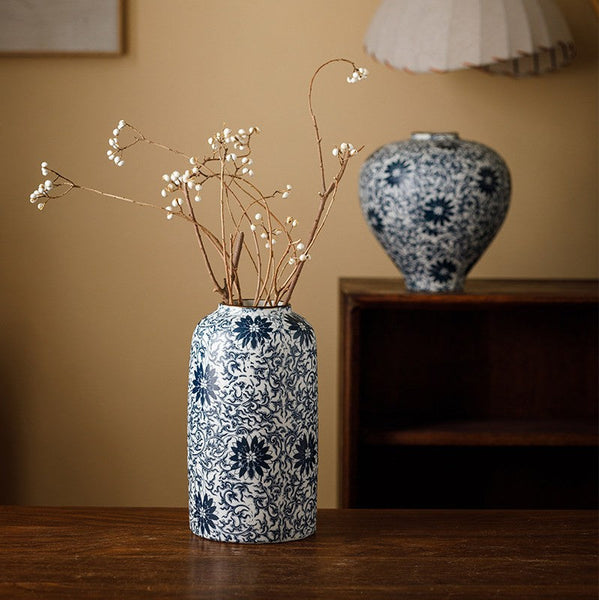 Vintage Bouquet Flower Vases, Centerpiece on Dining Table, Large Blue Flower Vase on Table, Handmade Porcelain Flower Vases Urn, Water Holding Flower Vases-HomePaintingDecor