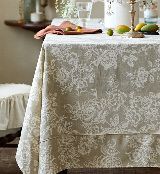 French Flower Pattern Tablecloth for Round Table, Vintage Rectangle Tablecloth for Dining Room Table, Rustic Farmhouse Table Cover for Kitchen-HomePaintingDecor