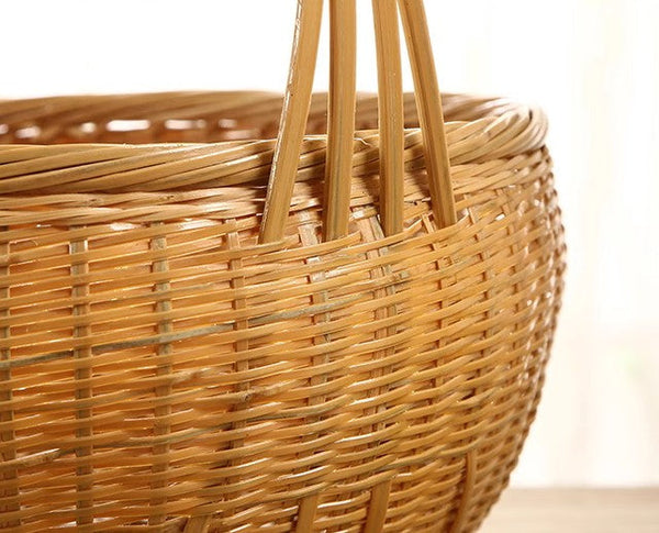Natural Hand-woven Bamboo Basket, Extra Large Picnic Food Basket with Handle, Lovely Bamboo Baskets for Vegetable, Natural Fruit Basket Kitchen Storage Baskets-HomePaintingDecor