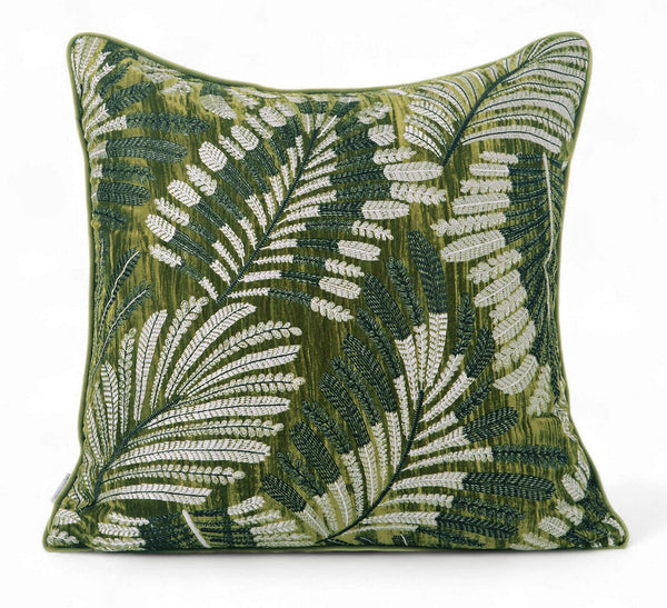 Large Throw Pillow for Interior Design, Embroidery Leaves Green Decorative Sofa Pillows, Luxury Decorative Throw Pillows for Couch, Large Square Modern Sofa Pillows-HomePaintingDecor
