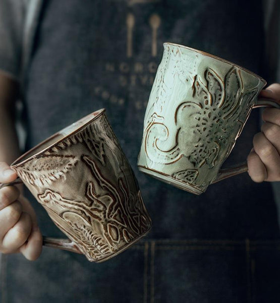 Green Ceramic Coffee Mug, Birthday Gifts, Stoneware Coffee Mugs, Handmade Pottery Coffee Mug, Large Capacity Coffee Cups-HomePaintingDecor