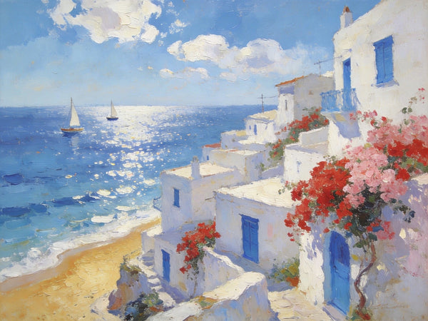 Original Oil Paintings, Santorini's Seaside Symphony, Seashore Paintings, Summer Resort, Hand Painted Canvas Art, Small Canvas Paintings, Landscape Wall Art Paintings, Landscape Paintings for Living Room-HomePaintingDecor