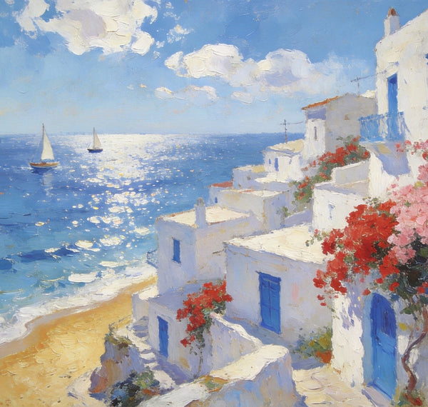 Original Oil Paintings, Santorini's Seaside Symphony, Seashore Paintings, Summer Resort, Hand Painted Canvas Art, Small Canvas Paintings, Landscape Wall Art Paintings, Landscape Paintings for Living Room-HomePaintingDecor