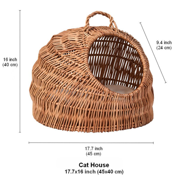 Indoor Cat Bed, Natural Wicker Cat House Basket with Washable Cushion for Indoor Cats and Dogs-HomePaintingDecor