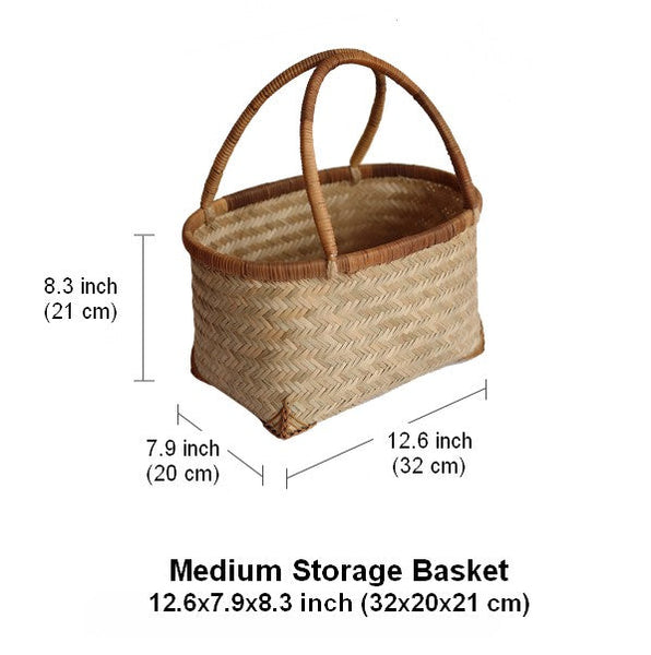Storage Basket with Handle, Large Kitchen Storage Baskets, Natural Hand-woven Bamboo Storage Basket, Lovely Bamboo Weaving Baskets for Vegetable, Picnic Fruit Storage Baskets-HomePaintingDecor