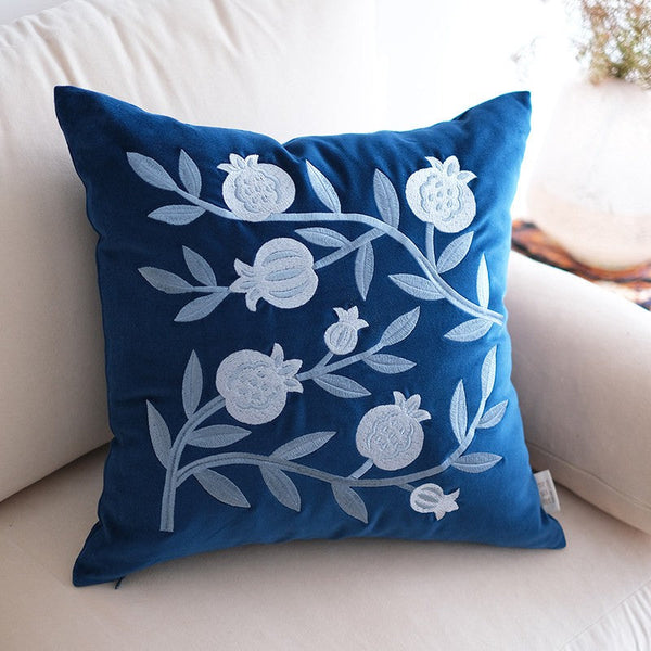 Blue Embroidered Pomegranate Cushion, Large Decorative Pillows for Couch, Living Room Decorative Pillows, Modern Throw Pillows for Bedroom, Decorative Pillow Arrangement Ideas for Couch-HomePaintingDecor