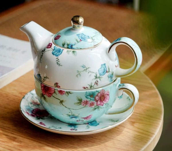 Porcelain Teapot with Matching Cup and Saucer in Gift Box, Stackable Teapot and Cup Set, Ceramic Tea Pot with Integrated Cup, Mother and Baby Teapot with Matching Saucer-HomePaintingDecor