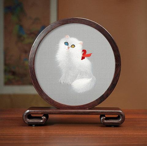 Exclusive Business Present, Lovely Kitty Cat Embroidered Decor, Premium Souvenir, Unique Birthday Gift, Traditional Chinese Suzhou Kitten Embroidery Ornament-HomePaintingDecor