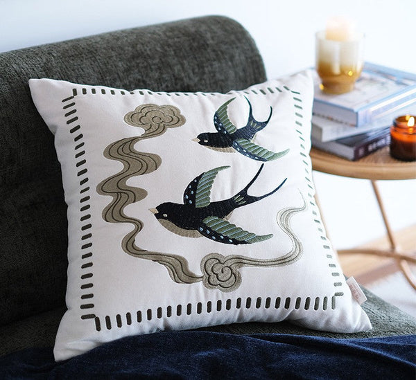 Luxury Decorative Pillows for Couch, Modern Throw Pillows for Couch, Vintage Decorative Pillows, Embroidered Swallow Birds Cushion, Decorative Pillow Arrangement Ideas for Bed-HomePaintingDecor