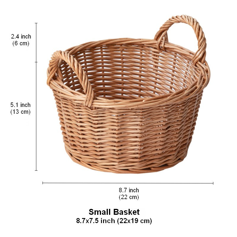 Large Picnic Fruit Basket with Handle, Natural Hand-woven Wicker Round Storage Basket, Lovely Willow Weaving Baskets for Vegetable, Natural Fruit Storage Basket, Kitchen Storage Baskets-HomePaintingDecor