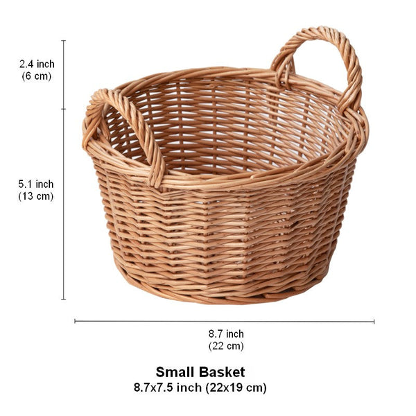 Large Picnic Fruit Basket with Handle, Natural Hand-woven Wicker Round Storage Basket, Lovely Willow Weaving Baskets for Vegetable, Natural Fruit Storage Basket, Kitchen Storage Baskets-HomePaintingDecor