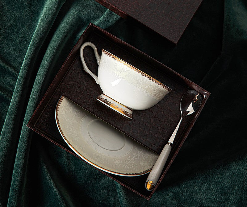 Elegant British Ceramic Coffee Cups, Bone China Porcelain Coffee Cup Set, White Ceramic Cups, Unique Tea Cup and Saucer in Gift Box-HomePaintingDecor