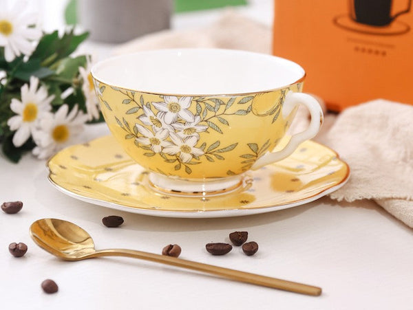 Creative Yellow Ceramic Coffee Cups, Unique Flower Coffee Cup and Saucer, Beautiful British Tea Cups, Creative Porcelain Tea Cup Set-HomePaintingDecor
