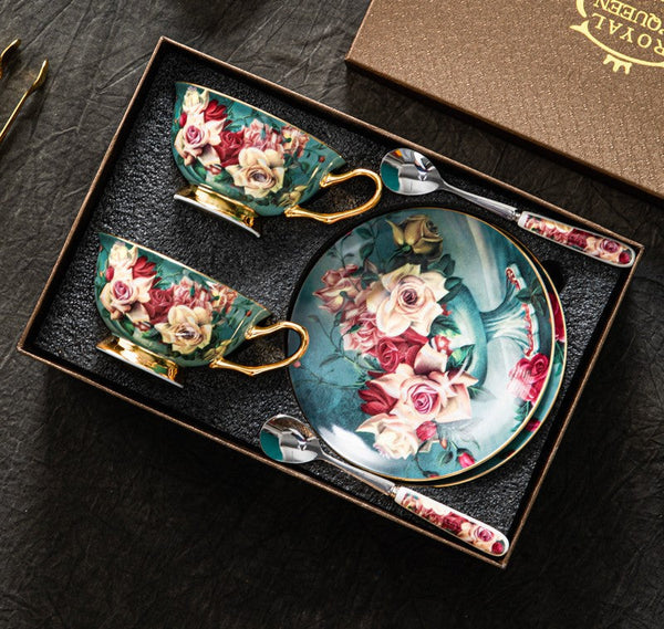 Large Rose Royal Ceramic Cups, Afternoon Bone China Porcelain Tea Cup Set, Unique Tea Cups and Saucers in Gift Box, Elegant Flower Ceramic Coffee Cups-HomePaintingDecor