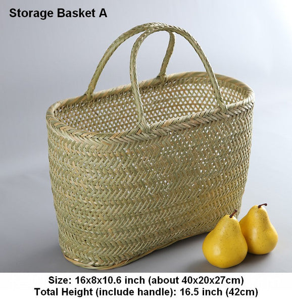Natural Fruit Basket Kitchen Storage Baskets, Lovely Bamboo Baskets for Vegetable, Picnic Food Basket with Handle, Large Natural Hand-woven Bamboo Basket-HomePaintingDecor