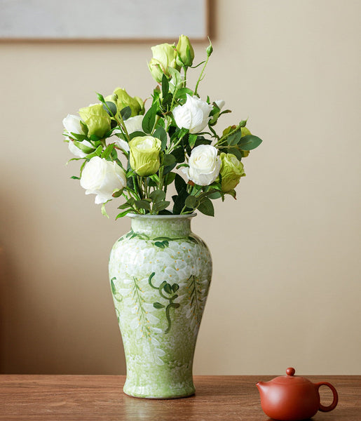 Large Flower Vases on Table, Green Porcelain Flower Vases, Centerpiece Ceramic Bud Vases, Handmade Water Holding Flower Vase-HomePaintingDecor