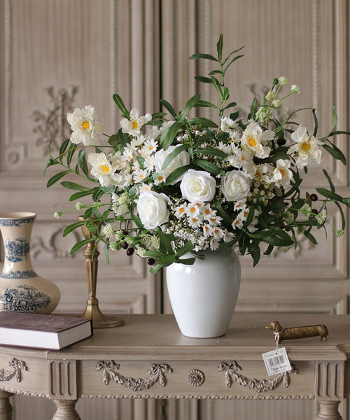 Real Touch Artificial Floral for Living Room, Large Bunch of Daisy and Rose Branch, Beautiful Spring Flower Arrangement for Home Decoration, Table Centerpiece-HomePaintingDecor
