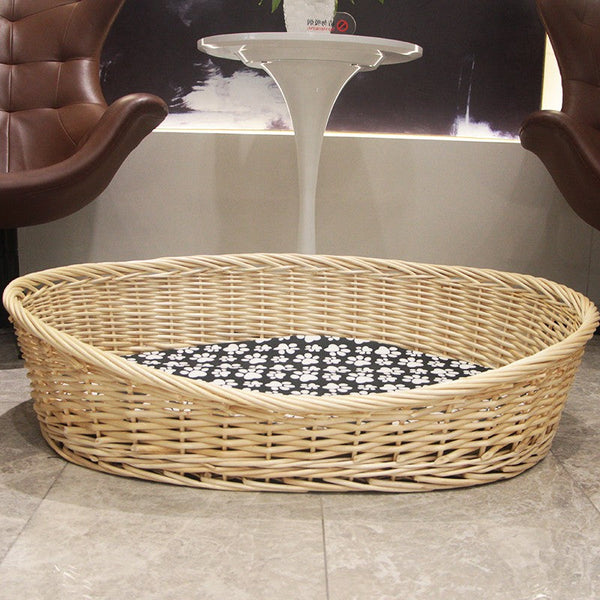 Natural Wicker Dog Bed with Washable Cushion for Indoor Cats and Dogs, Hand woven Rattan Cat Beds-HomePaintingDecor