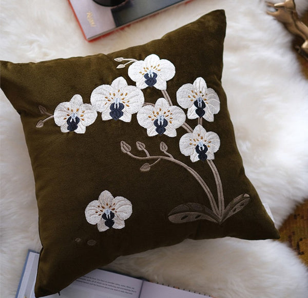 Large Decorative Pillows for Couch, Dark Olive Green Embroidered Moth Orchid Cushion, Decorative Pillow Arrangement Ideas for Couch, Living Room Decorative Pillows, Modern Throw Pillows for Bedroom-HomePaintingDecor