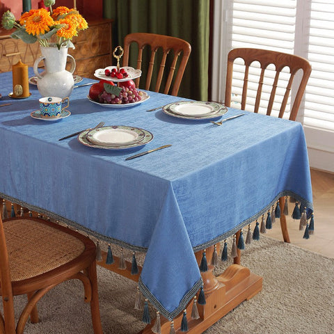 Modern Rectangle Tablecloth, Large Simple Table Cover for Dining Room Table, Square Tablecloth for Round Table, Blue Fringes Tablecloth for Home Decoration-HomePaintingDecor