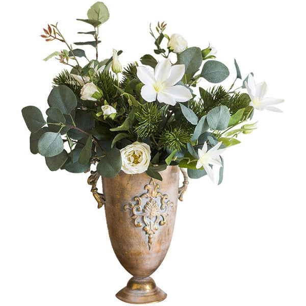 Eucalyptus Globulus, Clematis, White Rose Flowers, Unique Flower Arrangement for Home Decoration, Beautiful Modern Artificial Flowers for Dining Room Table-HomePaintingDecor
