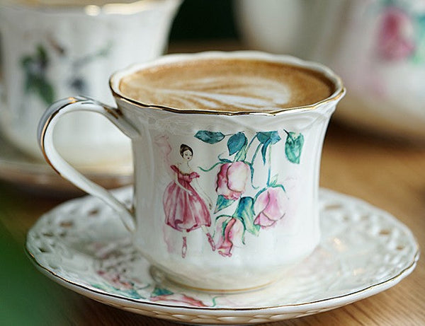 Elegant British Tea Cups, Beautiful Porcelain Tea Cup Saucer Set, Traditional English Tea Cup and Saucer, Unique Ceramic Coffee Cups-HomePaintingDecor