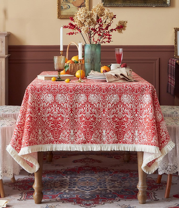 Large Fiberflax Rectangle Tablecloth for Home Decoration, Red Flower Pattern Tablecloth for Holiday Decoration, Square Tablecloth for Round Table-HomePaintingDecor