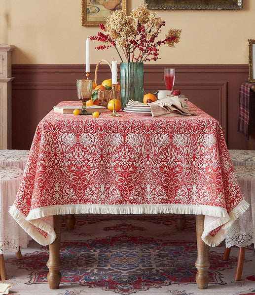 Large Fiberflax Rectangle Tablecloth for Home Decoration, Red Flower Pattern Tablecloth for Holiday Decoration, Square Tablecloth for Round Table-HomePaintingDecor