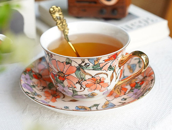 Elegant Ceramic Coffee Cups, Flower Porcelain Tea Cup Saucer Set, British Royal Ceramic Cups for Traditional Afternoon Tea, Unique Tea Cup and Saucer in Gift Box-HomePaintingDecor