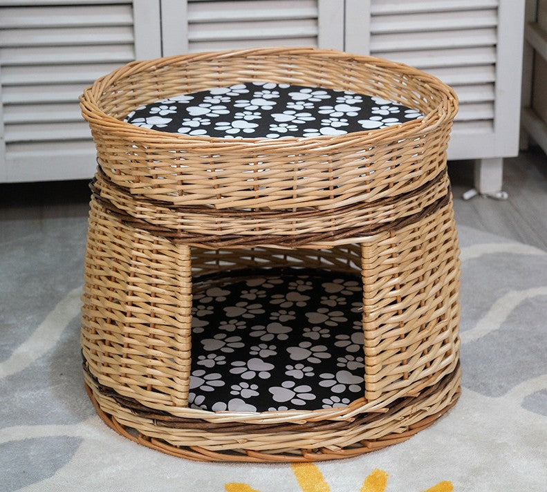 Large Double-Layer Cat Bed, Wicker Cat House Basket with Washable Cushion for Indoor Cats and Dogs-HomePaintingDecor