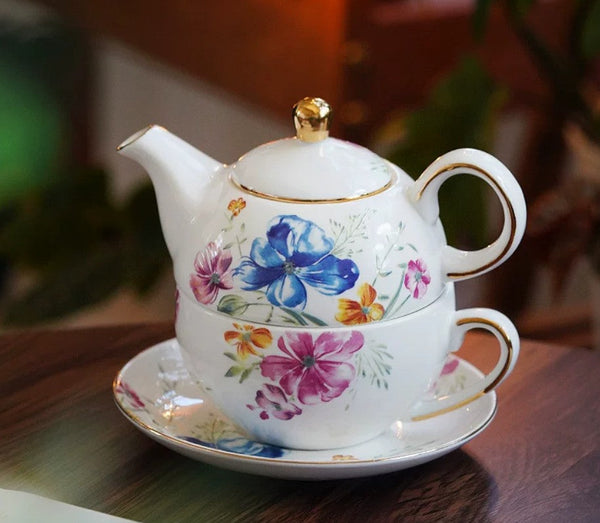 Ceramic Tea Pot with Integrated Cup, Stackable Teapot and Cup Set, Porcelain Teapot with Matching Cup and Saucer in Gift Box, Mother and Baby Teapot with Matching Saucer-HomePaintingDecor