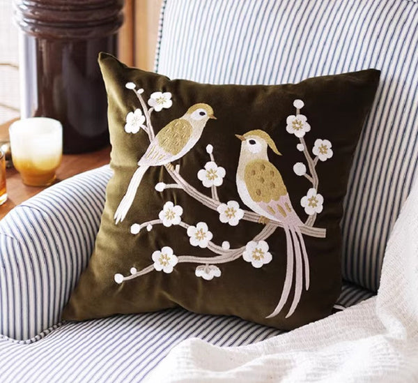 Embroidered birds cushion, Decorative Pillows for Couch, Vintage Decorative Pillows, Modern Throw Pillows for Bedroom, Decorative Pillow Arrangement Ideas for Couch-HomePaintingDecor