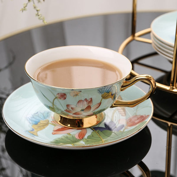 Lotus Flower Porcelain Tea Cup Saucer Set, Unique British Tea Cup and Saucer in Gift Box, Elegant British Ceramic Coffee Cups-HomePaintingDecor