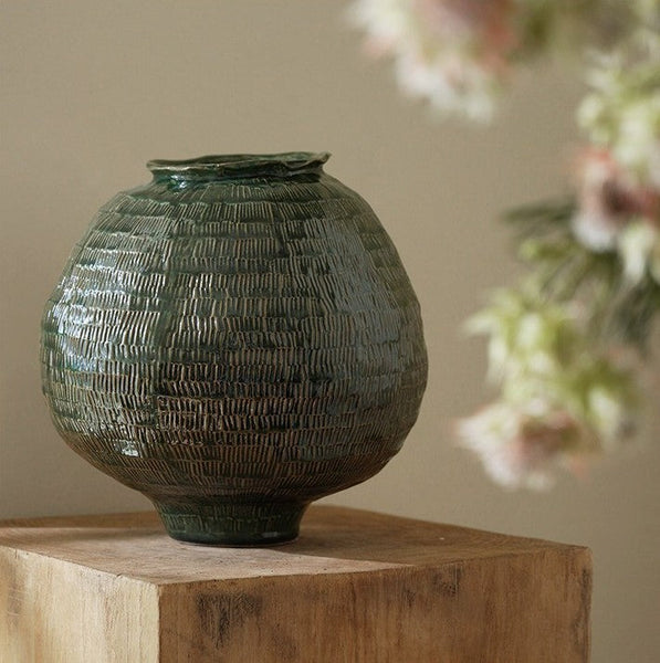 Large Contemporary Vases on Dining Table, Handmade Modern Flower Vase, Centerpiece Ceramic Bouquet Vases, Green Porcelain Vases for Modern Home Decor-HomePaintingDecor