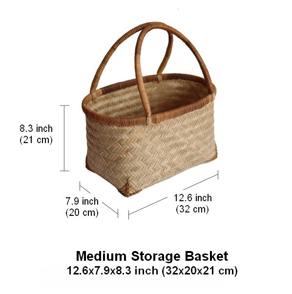 Storage Basket with Handle, Large Kitchen Storage Baskets, Natural Hand-woven Bamboo Storage Basket, Lovely Bamboo Weaving Baskets for Vegetable, Picnic Fruit Storage Baskets