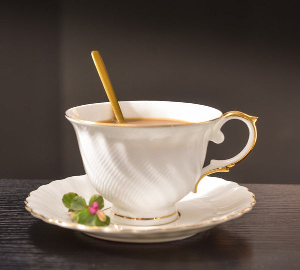 White Porcelain Tea Cup Saucer Set, 8 oz British Tea Cup and Saucer in Gift Box, Unique British Ceramic Coffee Cups for Traditional Afternoon Tea-HomePaintingDecor