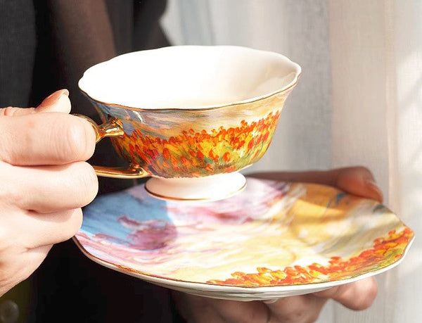 Elegant Ceramic Coffee Cups, Flower Field Vintage Porcelain Tea Cup Saucer Set, Unique British Tea Cup and Saucer in Gift Box, Royal Ceramic Cups-HomePaintingDecor