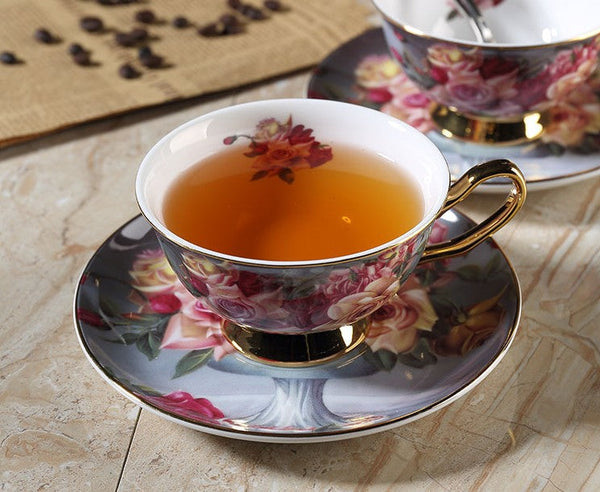 Ceramic Tea Cups and Saucers in Gift Box, Rose Flower Royal Bone China Porcelain Tea Cup Set, Elegant Ceramic Coffee Cups, Beautiful British Tea Cups-HomePaintingDecor