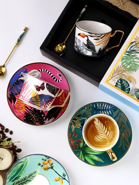 Coffee Cups with Gold Trim and Gift Box, Jungle Leopard Pattern Porcelain Coffee Cups, Tea Cups and Saucers-HomePaintingDecor