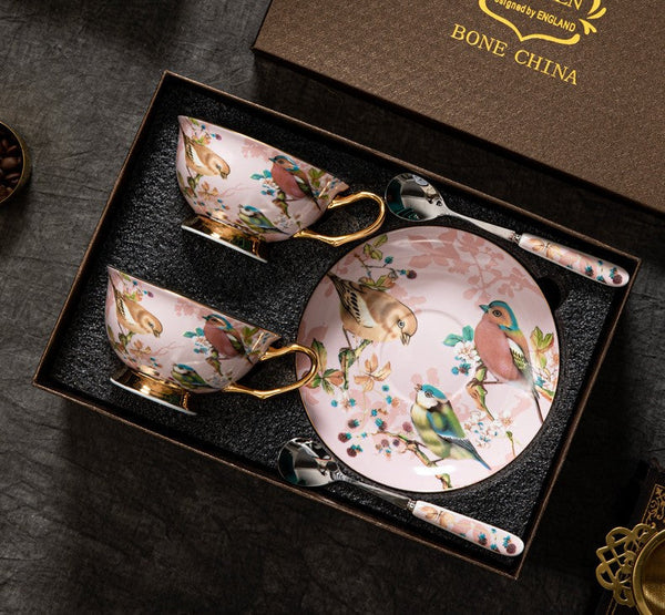 Unique Tea Cup and Saucer in Gift Box, Lovely Birds Ceramic Cups, Elegant Ceramic Coffee Cups, Afternoon Bone China Porcelain Tea Cup Set-HomePaintingDecor