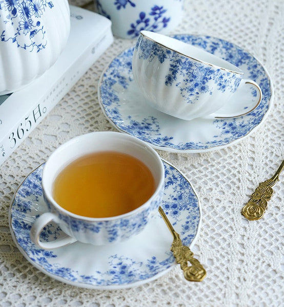 Blue Porcelain Tea Cup Saucer Set, British Royal Ceramic Cups for Traditional Afternoon Tea, Unique Blue Tea Cup and Saucer in Gift Box, Elegant Ceramic Coffee Cups-HomePaintingDecor