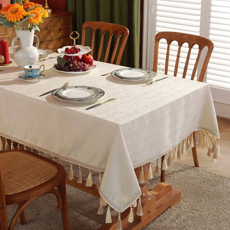 Modern Rectangle Tablecloth for Kitchen, Beige Fringes Tablecloth for Home Decoration, Square Tablecloth for Round Table, Large Simple Table Cloth for Dining Room Table-HomePaintingDecor