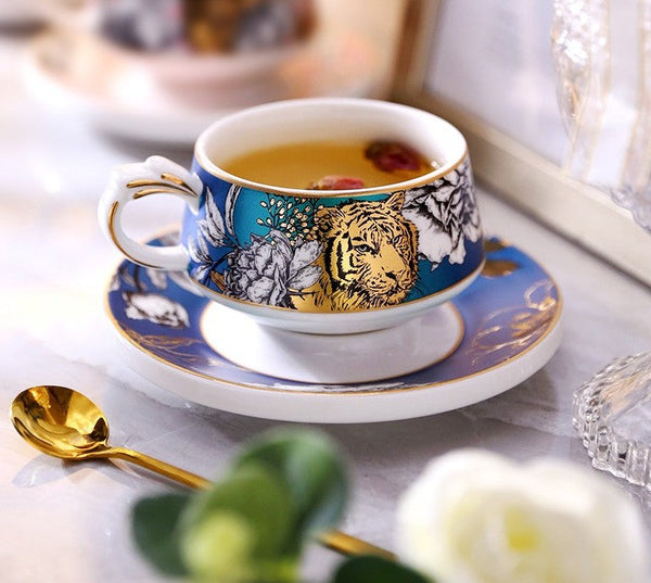 Unique Ceramic Cups with Gold Trim and Gift Box, Creative Ceramic Tea Cup and Saucer, Jungle Tiger Cheetah Porcelain Coffee Cups-HomePaintingDecor