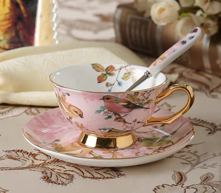 Beautiful British Tea Cups Bird Bone China, Porcelain Tea Cup Set, Exquisite Floral And Nature Theme