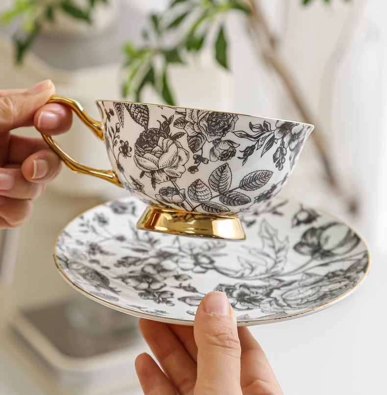 Elegant Flower Ceramic Cups, Unique Royal Coffee Cup and Saucer, Creative Bone China Porcelain Tea Cup Set, Beautiful British Tea Cups