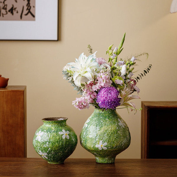 Centerpiece on Dining Table, Handmade Water Holding Flower Vases, Modern Pottery Flower Vases, Pottery Bud Vases, Large Green Flower Vases on Table-HomePaintingDecor