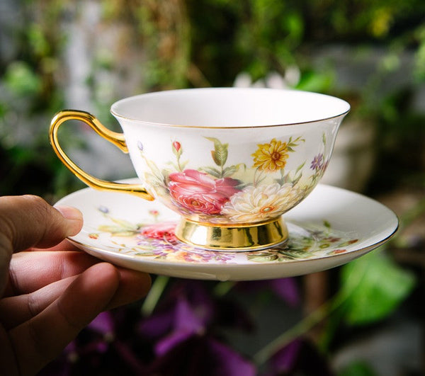 Elegant Rose Flower Ceramic Cups, Unique Royal Coffee Cup and Saucer, Creative Bone China Porcelain Tea Cup Set, Beautiful British Tea Cups-HomePaintingDecor